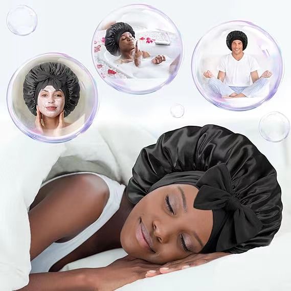 Elastic ribbon bow color round hat solid color imitation silk nightcap wide edge beauty hair headband hat black M [分类版本2]