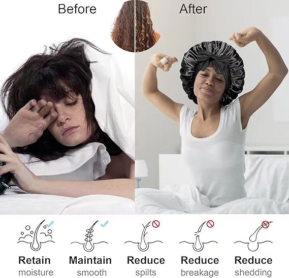 Elastic ribbon bow color round hat solid color imitation silk nightcap wide edge beauty hair headband hat black M [分类版本2]