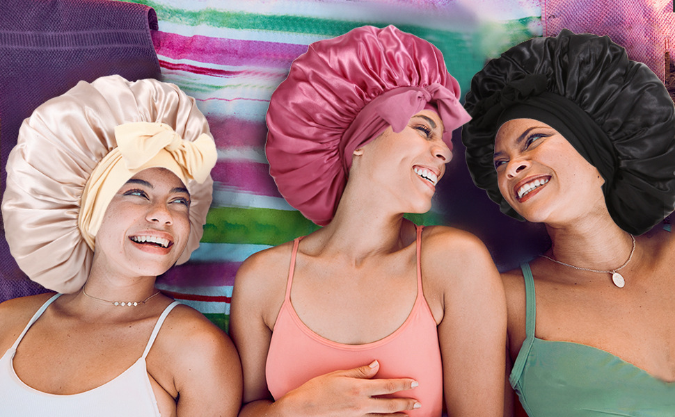 Elastic ribbon bow color round hat solid color imitation silk nightcap wide edge beauty hair headband hat black M [分类版本2]