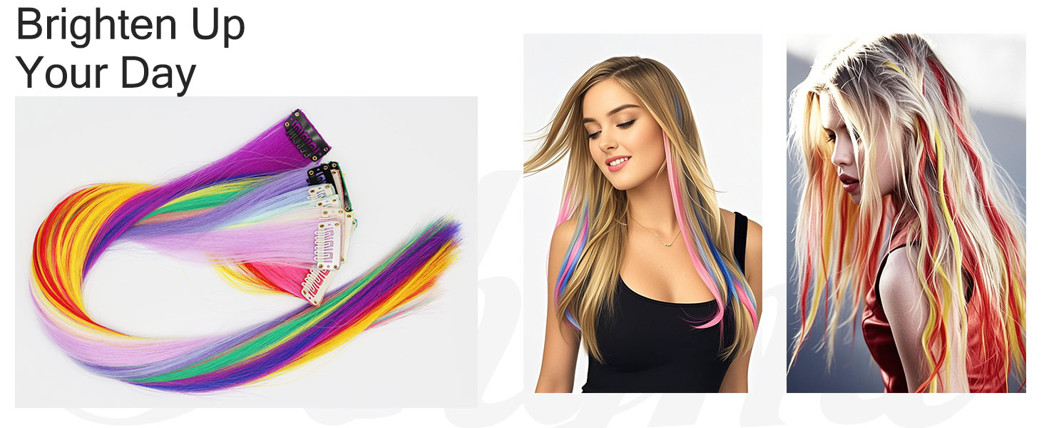 Colored Hair Extensions Clip in/on for America Women Girls hiar Accessories Wig Pieces Synthetic Rainbow Hair Extensions Rainbow Long Straight Hairpieces Clip white tea gray 50cm