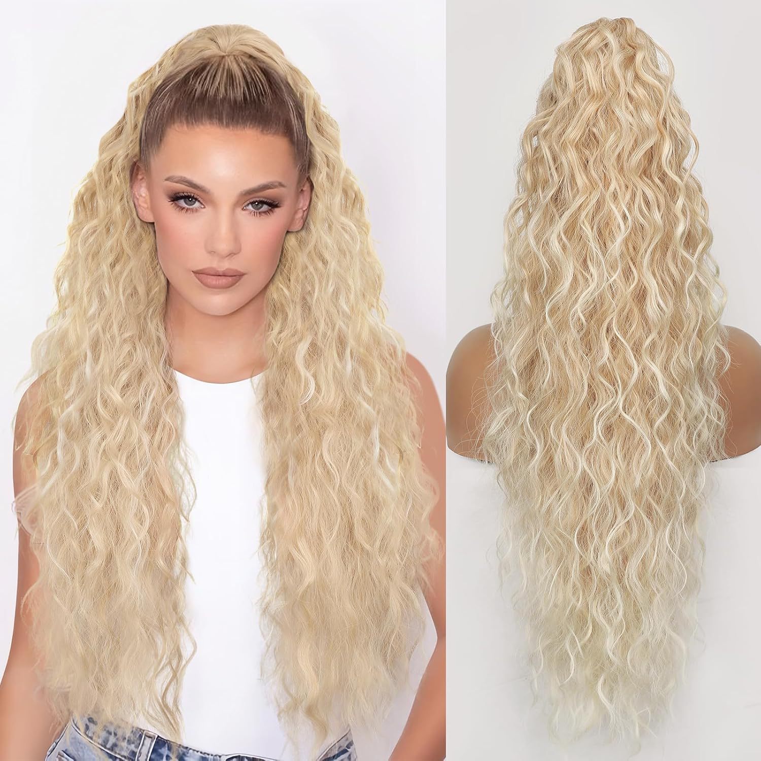 Women's Long Hair Firm Grip Wig Simulates High Ponytail Corn Perm Hairpiece  Fluffy Long Curly Hair 01 One Size [分类版本1]