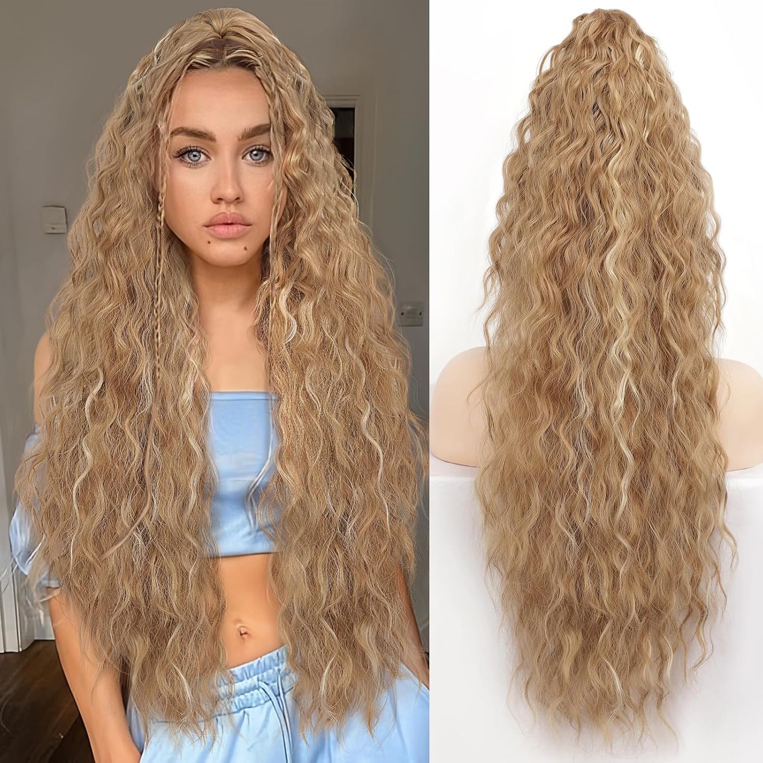 Women's Long Hair Firm Grip Wig Simulates High Ponytail Corn Perm Hairpiece  Fluffy Long Curly Hair 01 One Size [分类版本1]