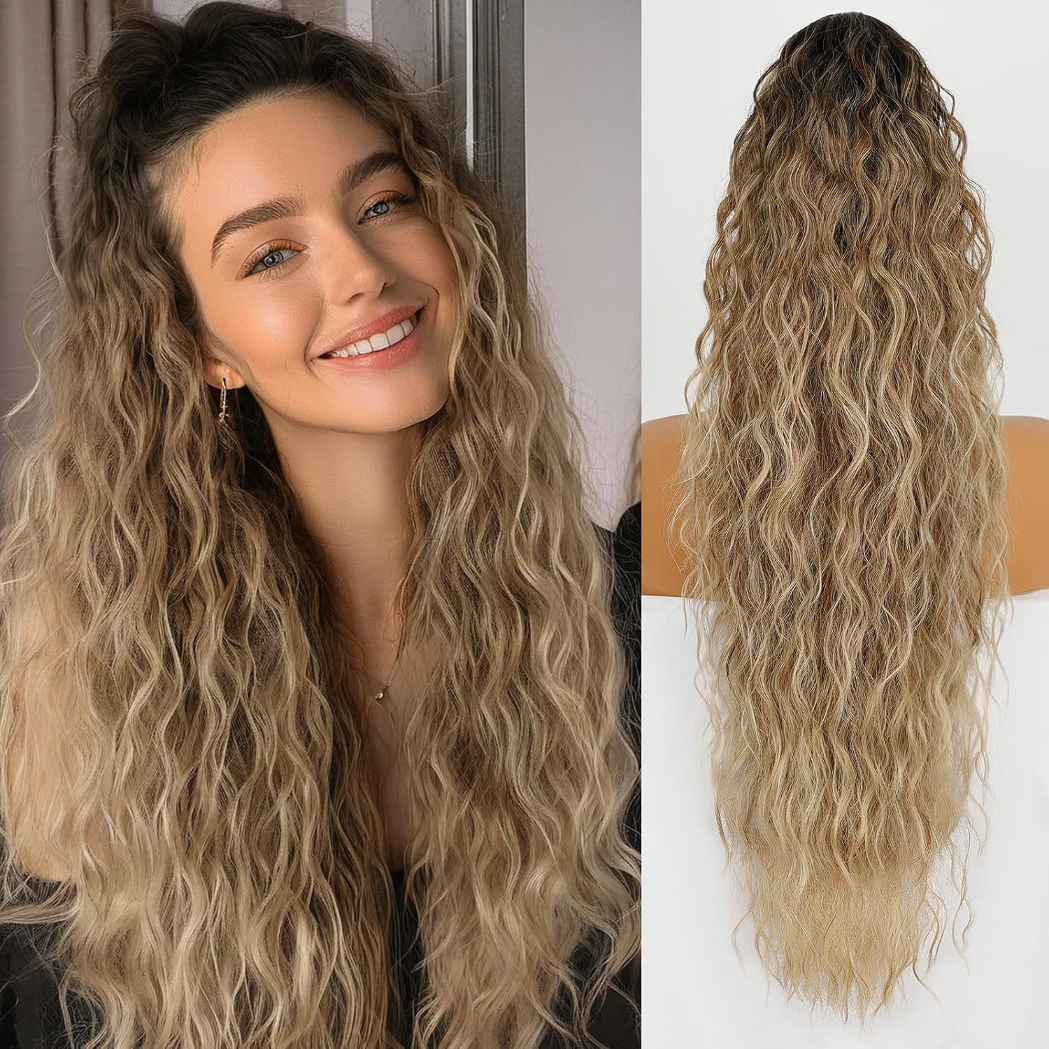 Women's Long Hair Firm Grip Wig Simulates High Ponytail Corn Perm Hairpiece  Fluffy Long Curly Hair 01 One Size [分类版本1]