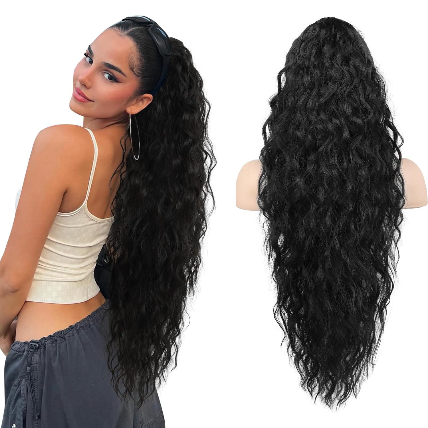 Women's Long Hair Firm Grip Wig Simulates High Ponytail Corn Perm Hairpiece  Fluffy Long Curly Hair 01 One Size [分类版本1]