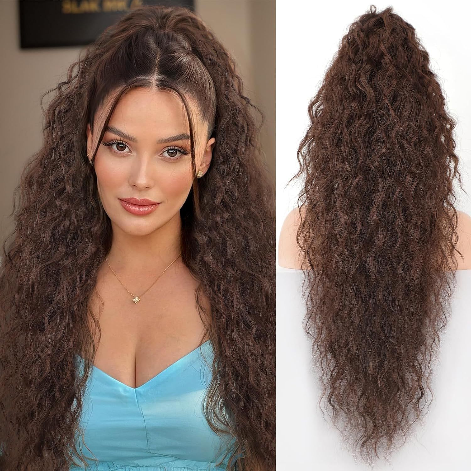 Women's Long Hair Firm Grip Wig Simulates High Ponytail Corn Perm Hairpiece  Fluffy Long Curly Hair 01 One Size [分类版本1]