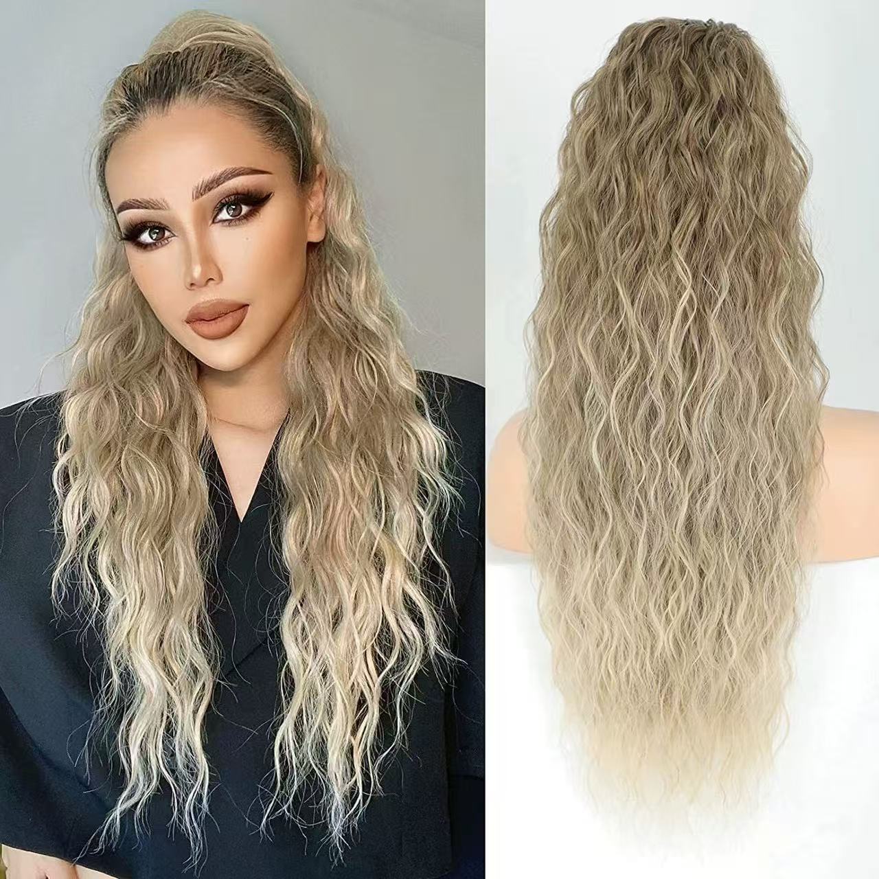 Women's Long Hair Firm Grip Wig Simulates High Ponytail Corn Perm Hairpiece  Fluffy Long Curly Hair 01 One Size [分类版本1]