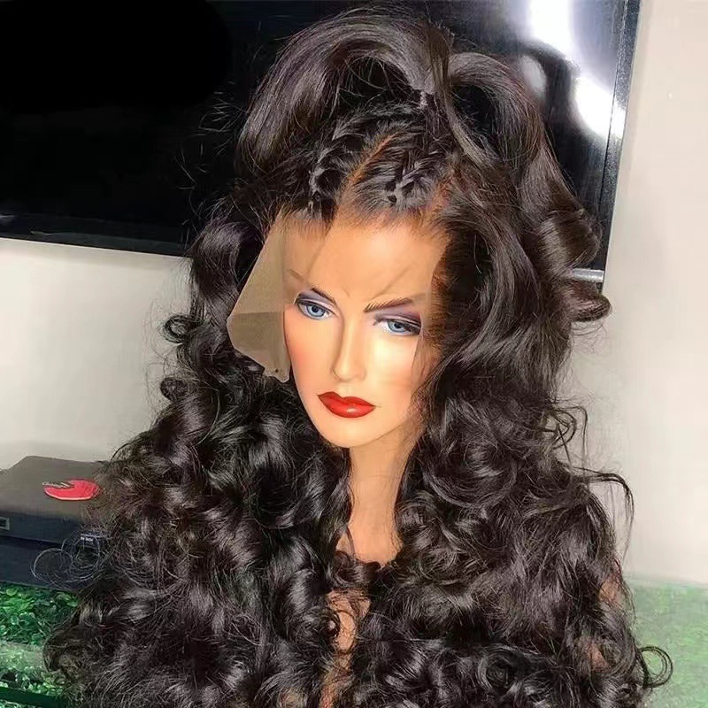 26inch, new mid-parted big wave front lace long curls fluffy black long curls head covering 1B# 26inch [分类版本3]