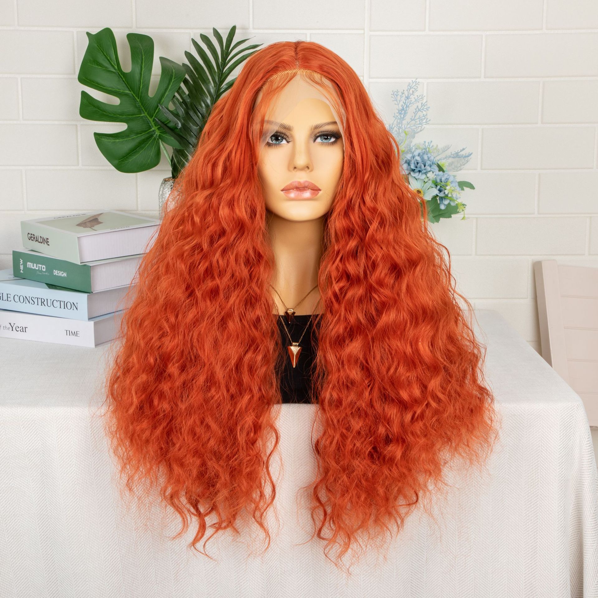 26inch wig, women's T-shaped front lace, synthetic fiber hood, pink parting, long curls, water ripples 1 26inch