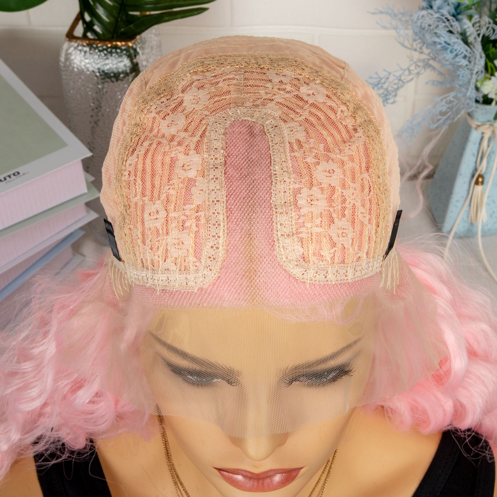 26inch wig, women's T-shaped front lace, synthetic fiber hood, pink parting, long curls, water ripples 1 26inch