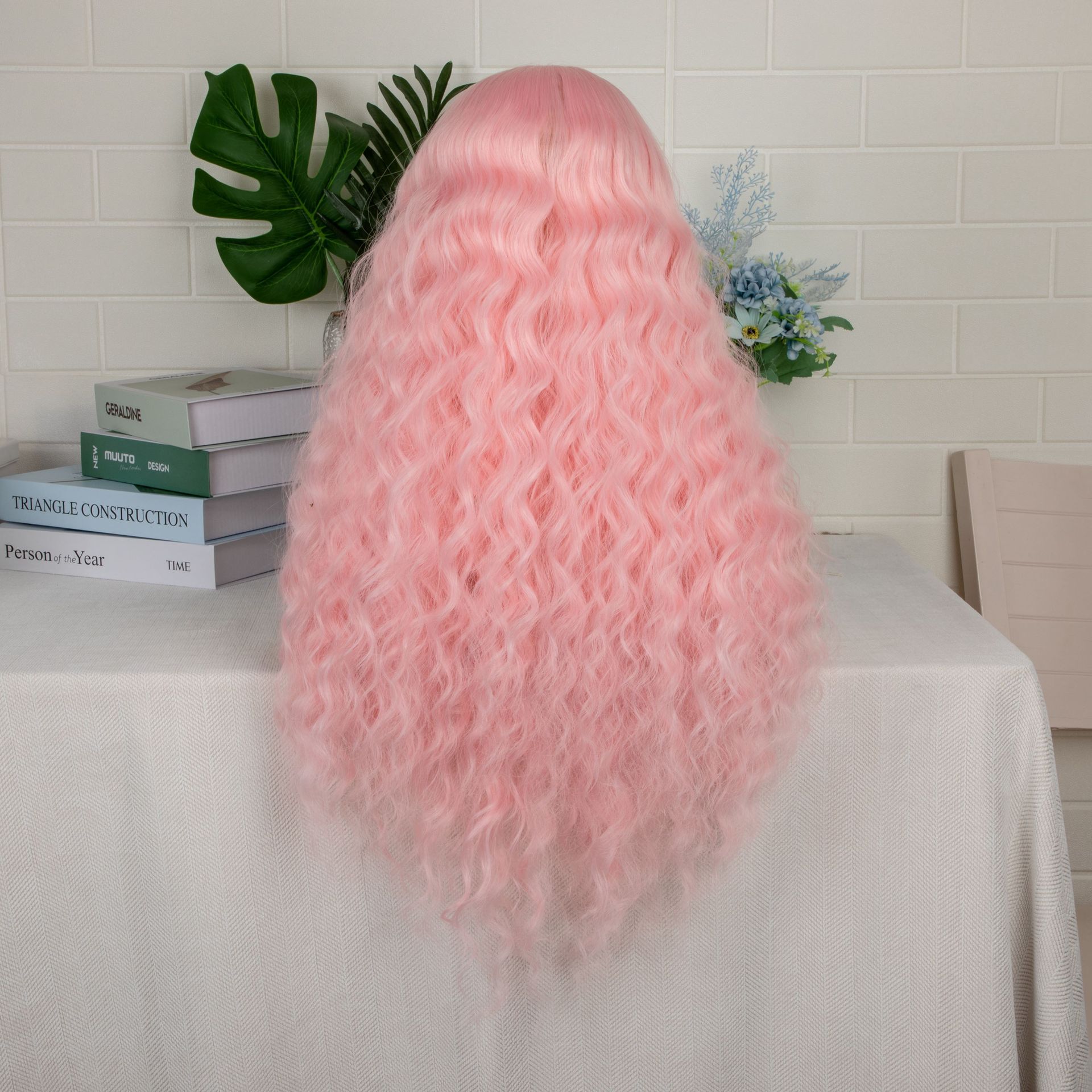 26inch wig, women's T-shaped front lace, synthetic fiber hood, pink parting, long curls, water ripples 1 26inch