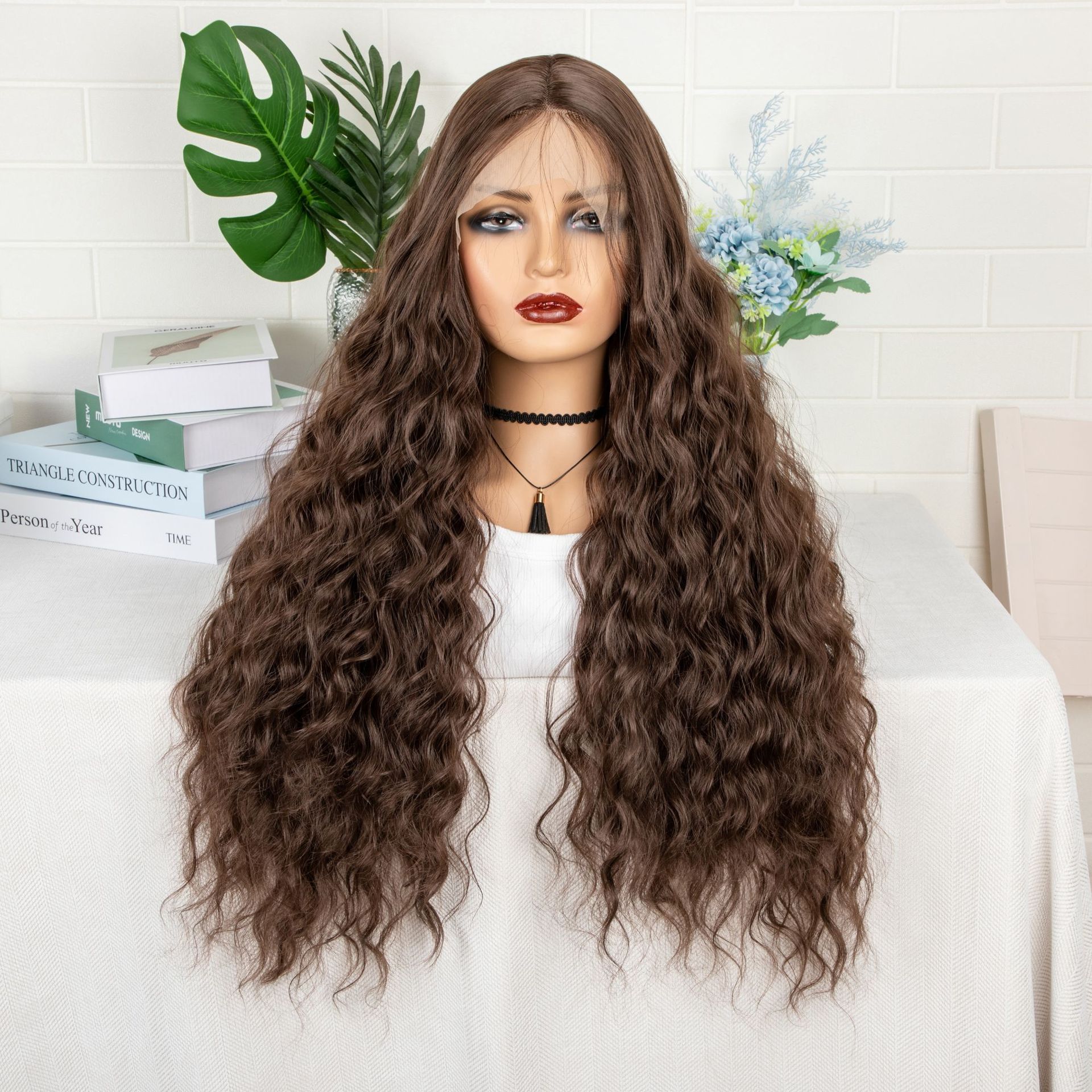 26inch wig, women's T-shaped front lace, synthetic fiber hood, pink parting, long curls, water ripples 1 26inch