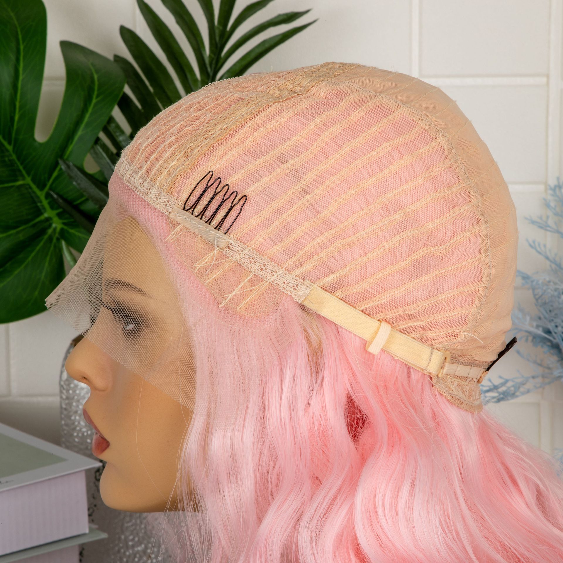 26inch wig, women's T-shaped front lace, synthetic fiber hood, pink parting, long curls, water ripples 1 26inch