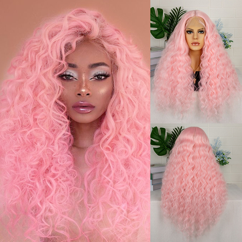 26inch wig, women's T-shaped front lace, synthetic fiber hood, pink