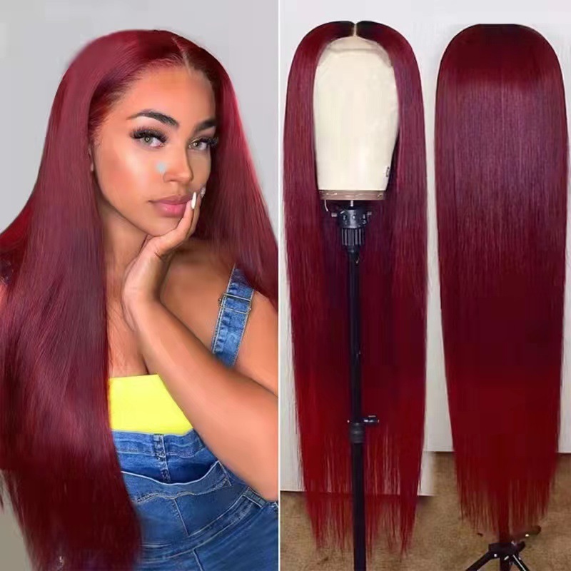 24inch,New, burgundy parted, long straight hair, fashionable front lace synthetic fiber hood 1B# 24inch