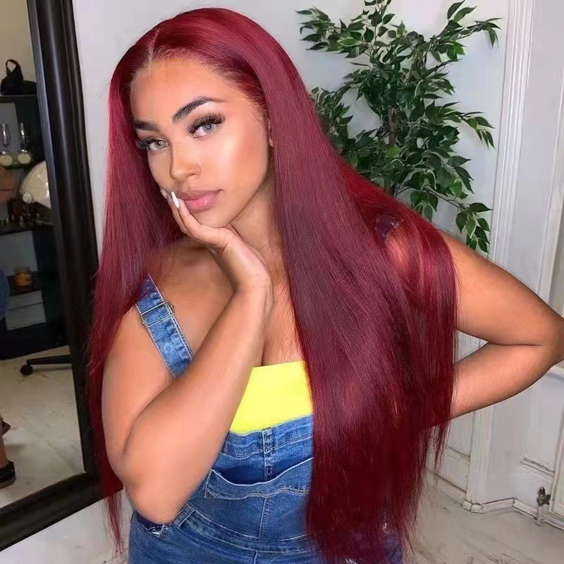 24inch,New, burgundy parted, long straight hair, fashionable front lace synthetic fiber hood 1B# 24inch