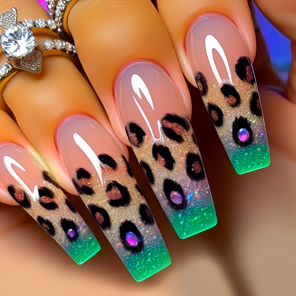 Green Leopard Removable Nail Patch Purple Dazzle Color Show White Nail Patch(24pcs) Green Leopard As picture