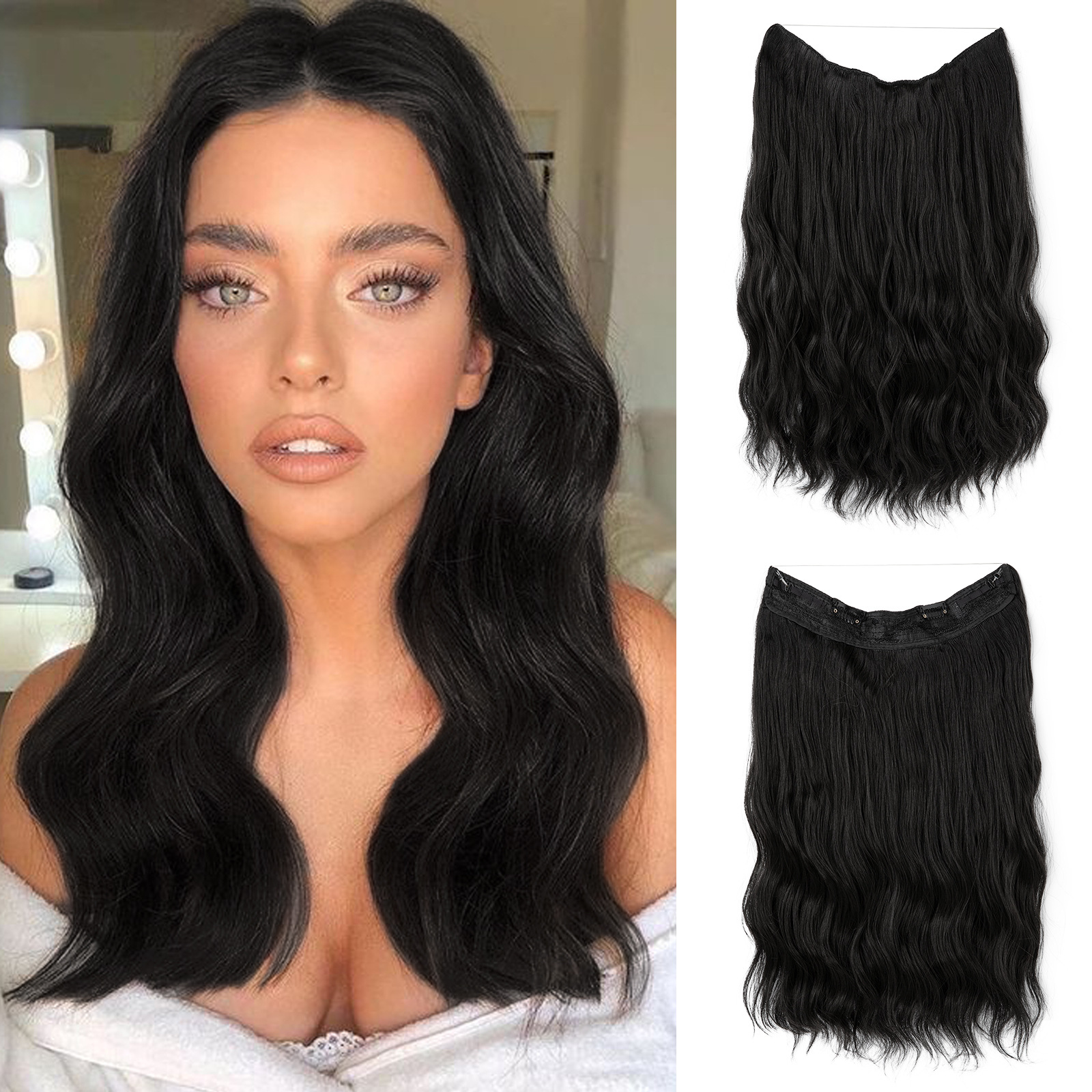 Female wig one-piece hair extensions, long wavy curls, fluffy natural clips, fishing line hair extensions, wig pieces 01 01 [分类版本1]