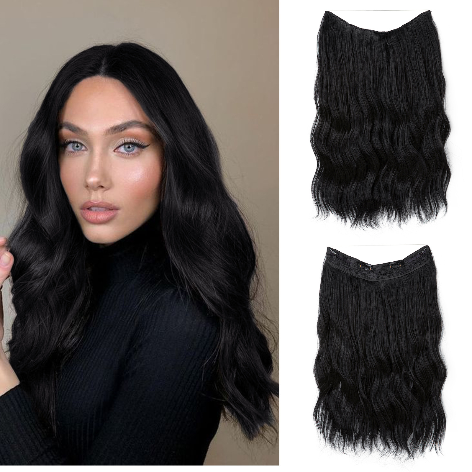 Female wig one-piece hair extensions, long wavy curls, fluffy natural clips, fishing line hair extensions, wig pieces 01 01 [分类版本1]