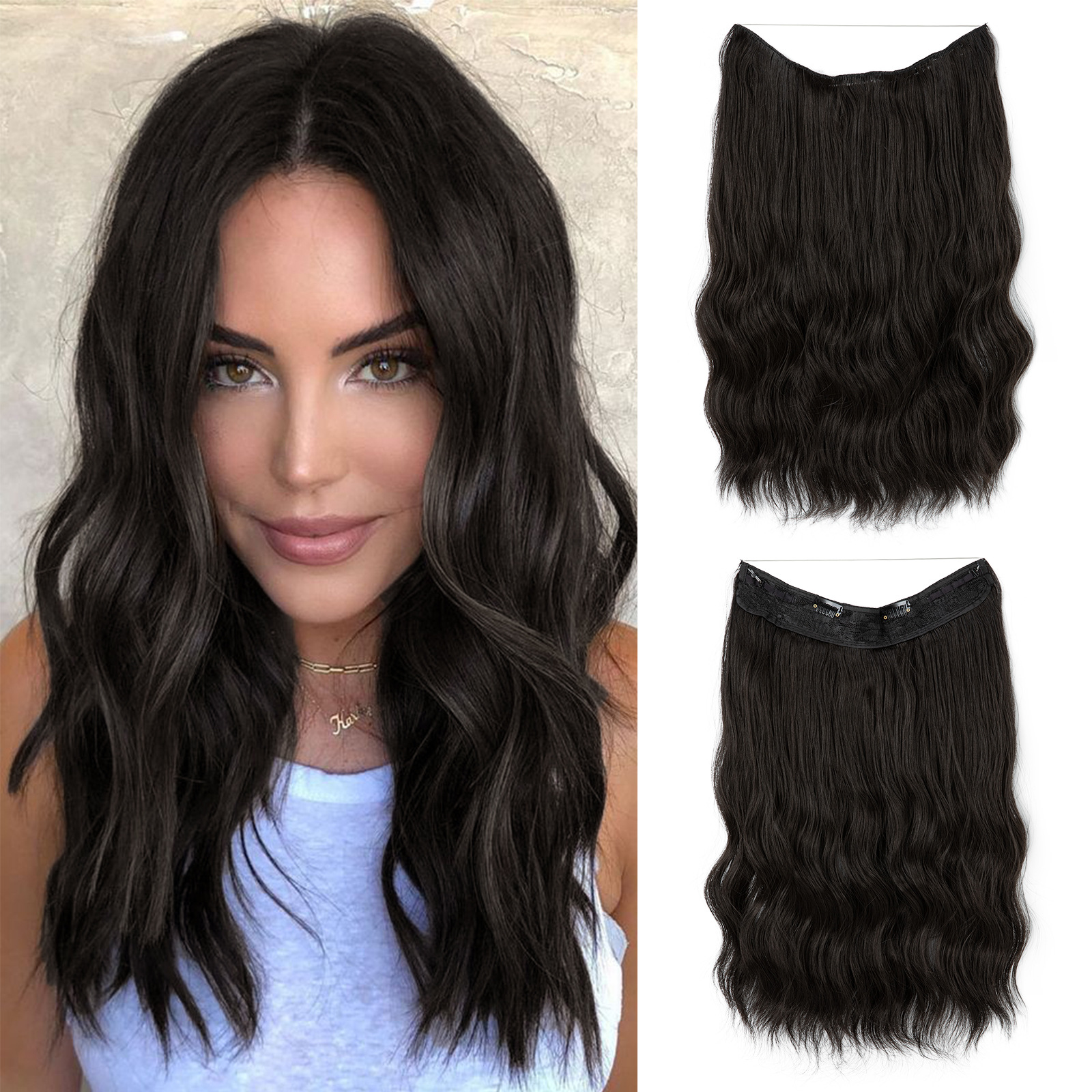 Female wig one-piece hair extensions, long wavy curls, fluffy natural clips, fishing line hair extensions, wig pieces 01 01 [分类版本1]