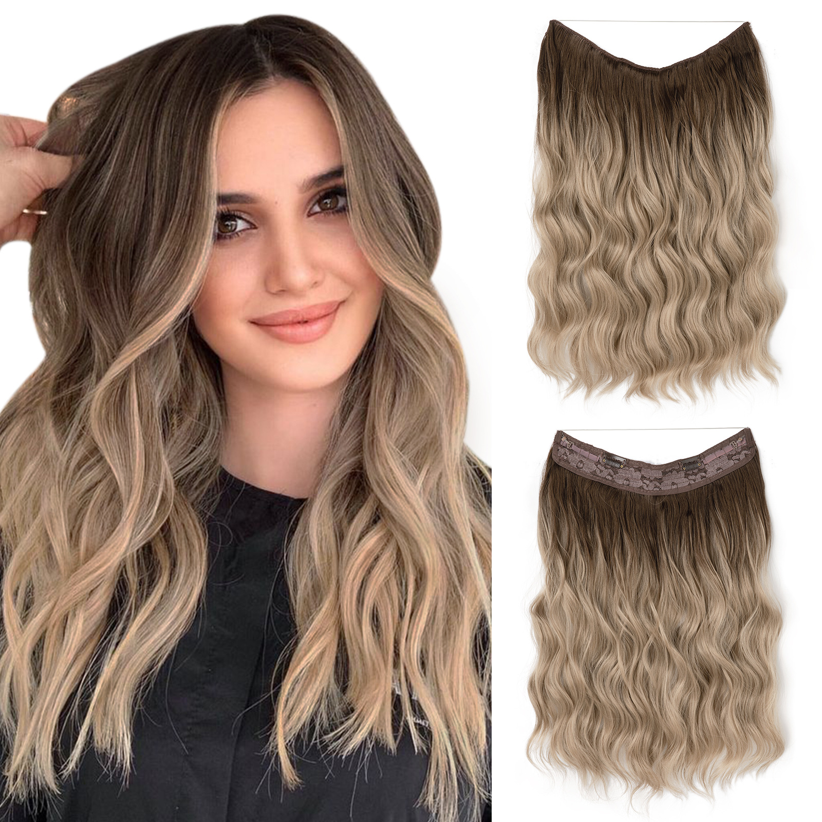 Female wig one-piece hair extensions, long wavy curls, fluffy natural clips, fishing line hair extensions, wig pieces 01 01 [分类版本1]