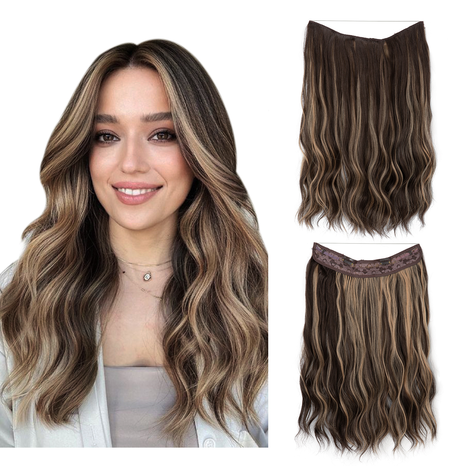 Female wig one-piece hair extensions, long wavy curls, fluffy natural clips, fishing line hair extensions, wig pieces 01 01 [分类版本1]
