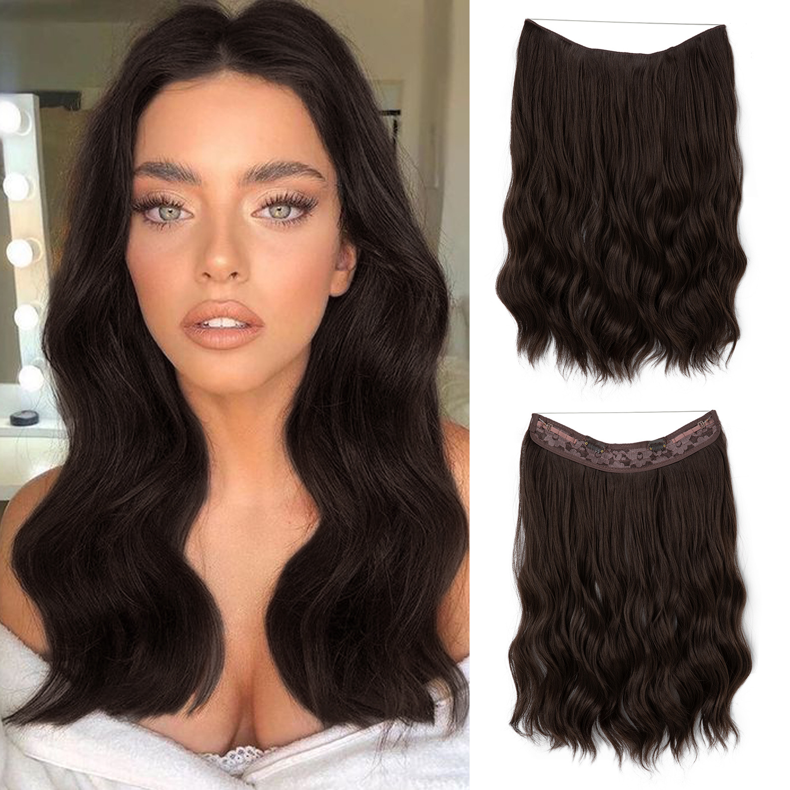 Female wig one-piece hair extensions, long wavy curls, fluffy natural clips, fishing line hair extensions, wig pieces 01 01