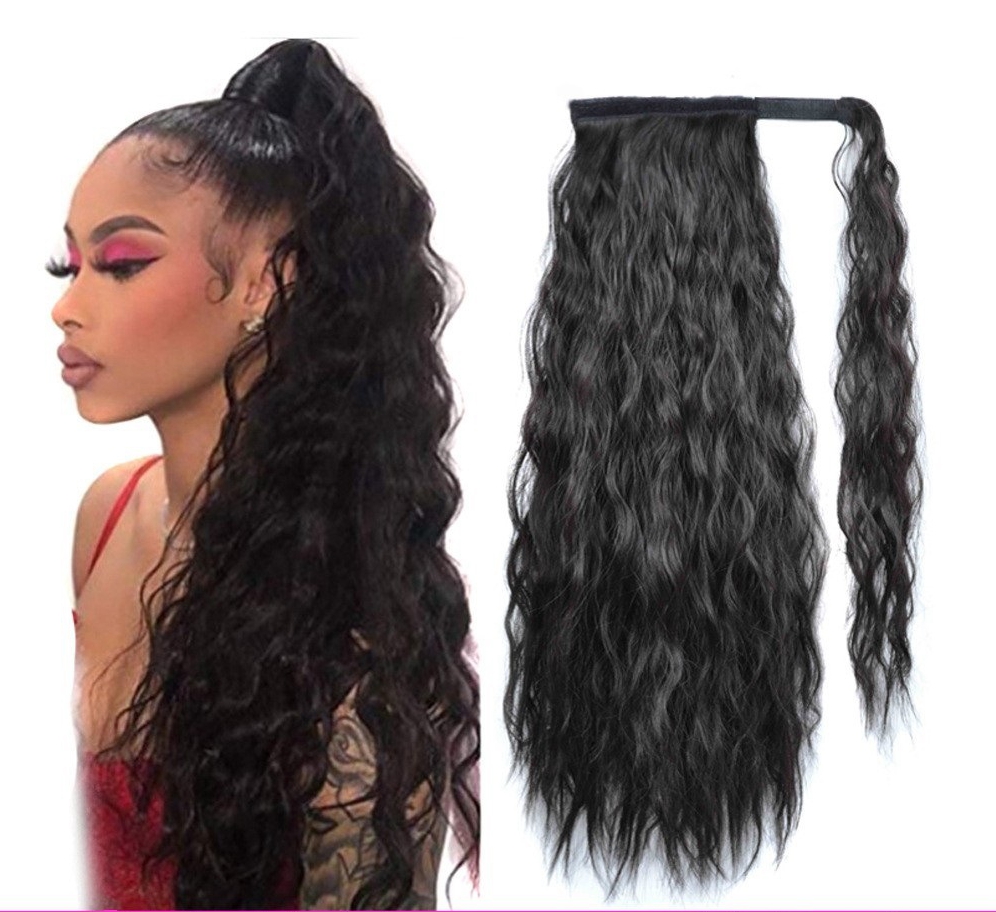 Magic tape corn tassel ponytail, magic tape corn silk long curly wig ponytail curly ponytail 1 B 22 inch
