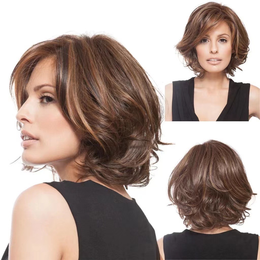 TEMU hot selling European and American wig for middle-aged and elderly women, gradient color short curly hair, synthetic high-temperature silk full head cover manufacturer black dark brown