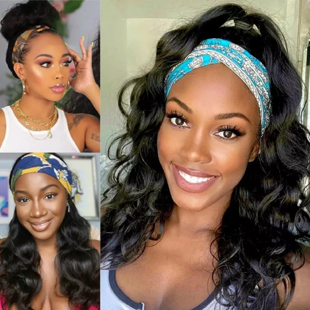 Cross border headscarf wig, women's long curly hair, European and American big wave ice silk headband, fake headband wig wholesale Style_1 26 inches