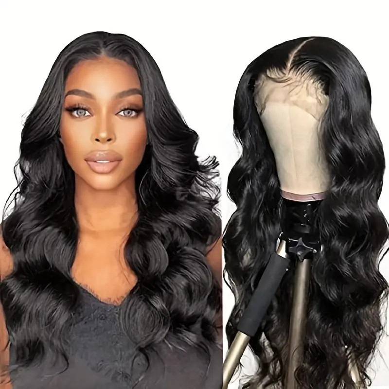 European and American black medium split large wavy curly black high temperature silk front lace synthetic hair cover wig foreign trade black 18 inch