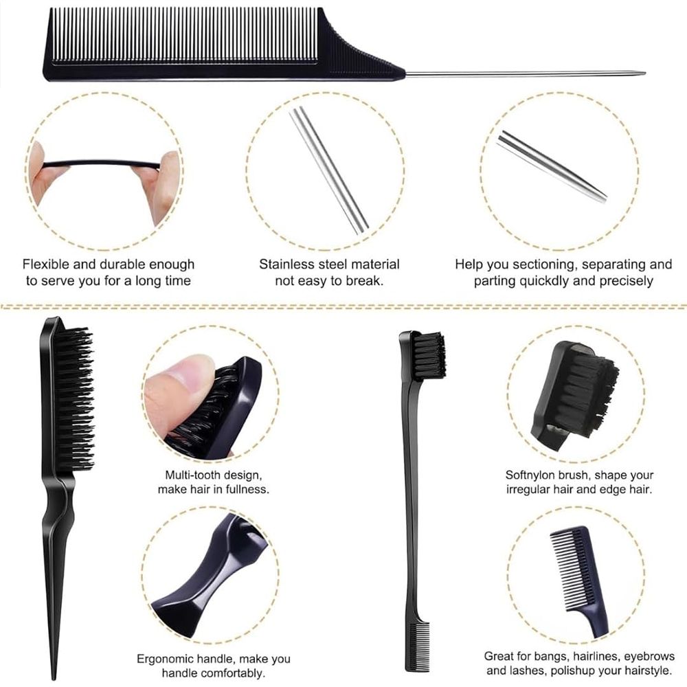 6pcs/Set Portable Spray Refillable Bottles Kit Hair Styling Set Spray Bottle Brush Comb Braiding Tool Rat Tail Comb Edge Control Brush Mist Sprayer For Hair Styling Cleaning Black 6pcs/set
