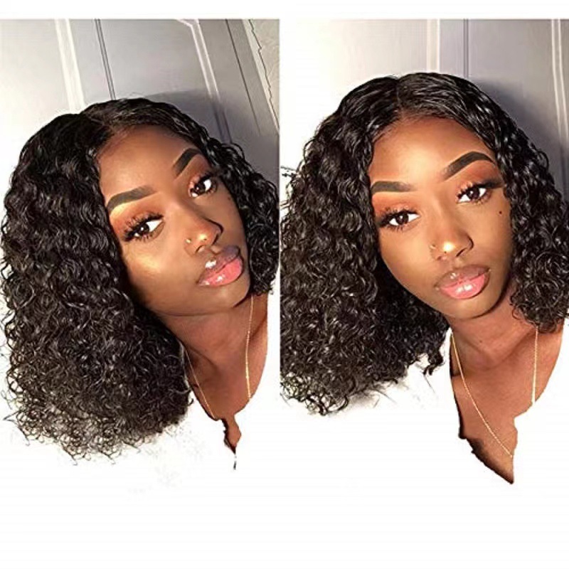 Wholesale Factory Price Afro Kinky Curly Wig Mid Split  Synthetic Lace Short Wigs Black 245g