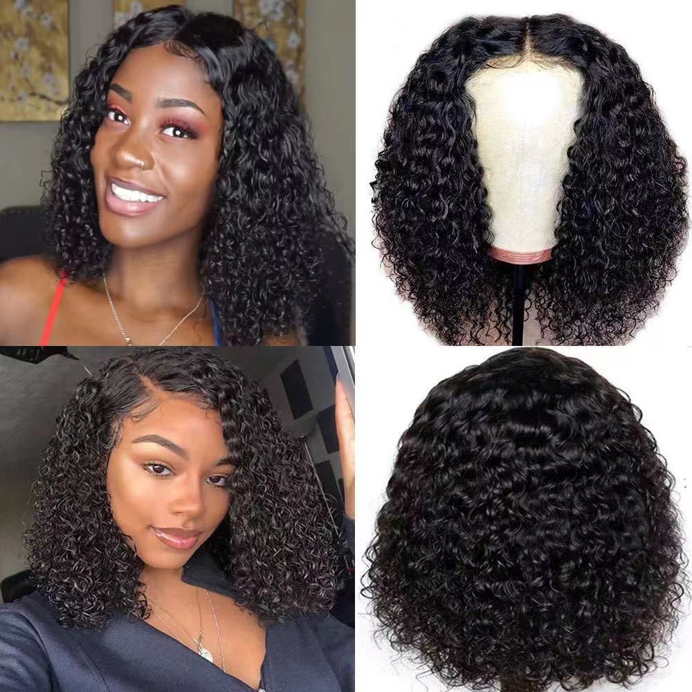 Wholesale Factory Price Afro Kinky Curly Wig Mid Split  Synthetic Lace Short Wigs Black 245g