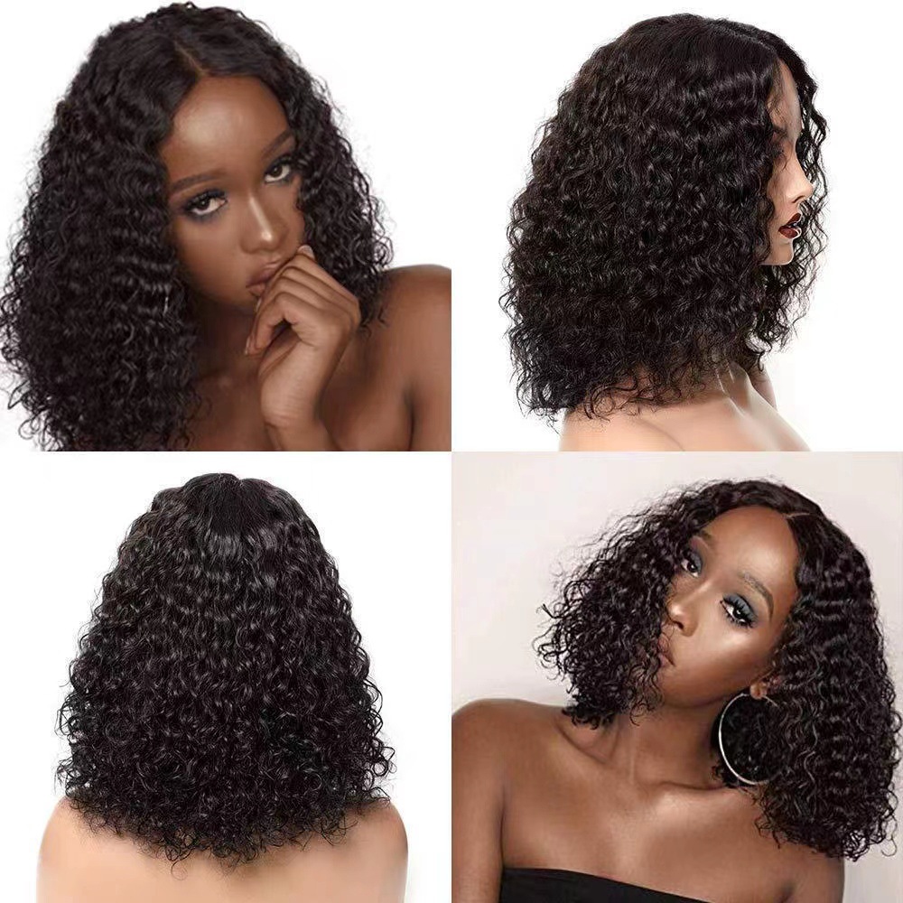 Wholesale Factory Price Afro Kinky Curly Wig Mid Split  Synthetic Lace Short Wigs Black 245g