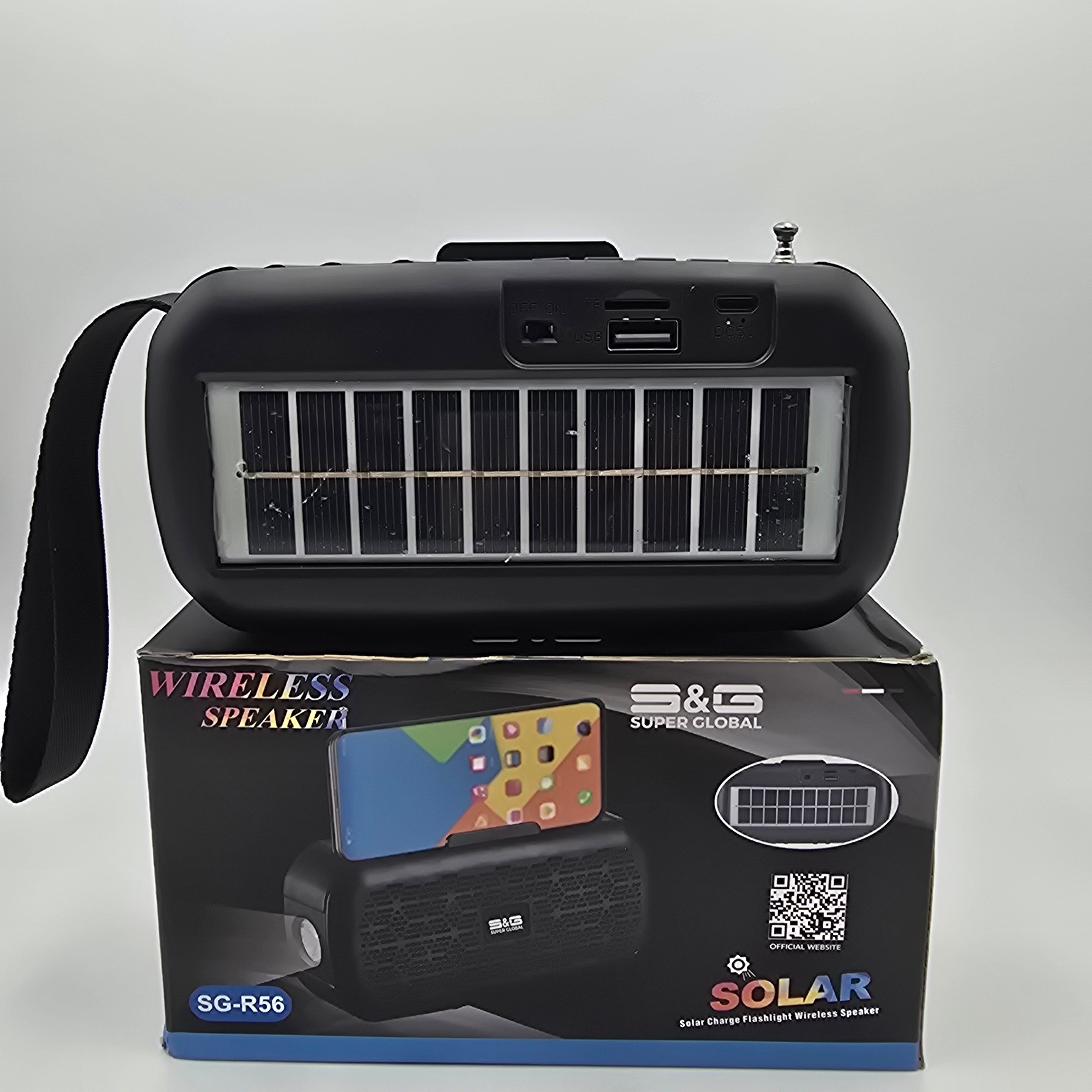 SG-R56 Solar Charge Flashlight Wireless Speaker Bluetooth Speaker Sound Box  Bass Subwoofer FM Radio AUX TF USB Spotlight Solar Panel Charging