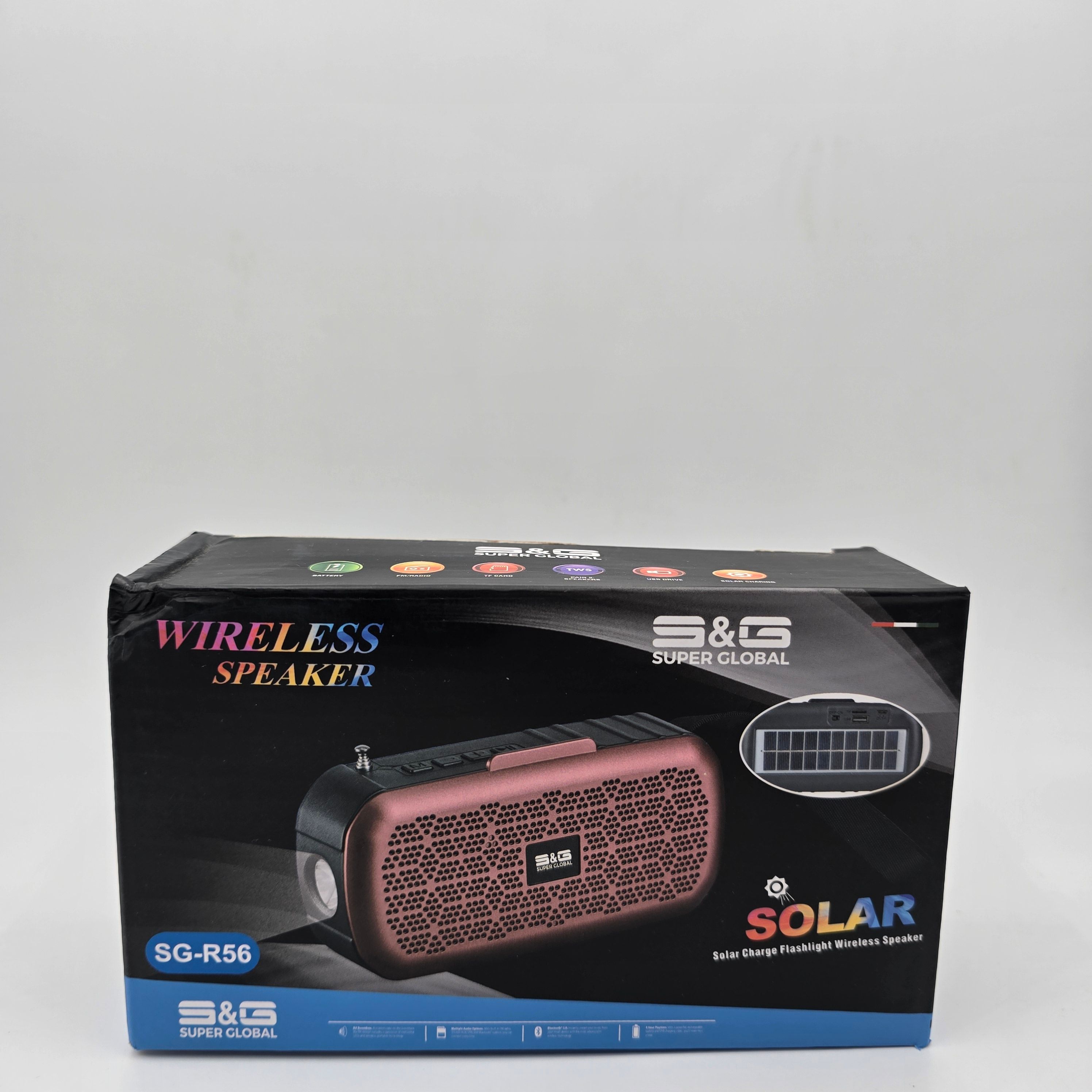 SG-R56 Solar Charge Flashlight Wireless Speaker Bluetooth Speaker Sound Box  Bass Subwoofer FM Radio AUX TF USB Spotlight Solar Panel Charging
