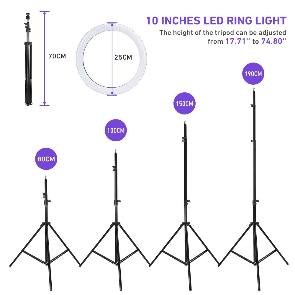 2.1M Tripod Stand with 10 Inch LED Ring Light- Dimmable Beauty Ringlight for Selfie Live Stream/Makeup/Youtube/Tiktok Video Black normal
