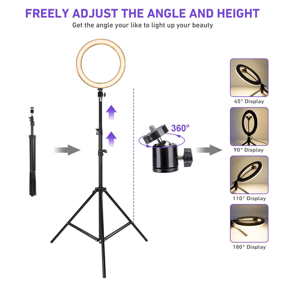 2.1M Tripod Stand with 10 Inch LED Ring Light- Dimmable Beauty Ringlight for Selfie Live Stream/Makeup/Youtube/Tiktok Video Black normal