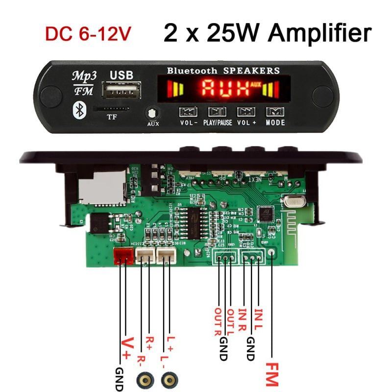 15W/2*25W Amplifier MP3 Player Bluetooth Decoder Board 12V Bluetooth 5.0 50W amplifier Car FM Radio Module Support TF USB AUX Black Item Size: 12*5*4 cm