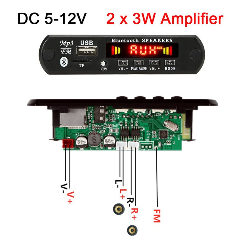 15W/2*25W Amplifier MP3 Player Bluetooth Decoder Board 12V Bluetooth 5.0 50W amplifier Car FM Radio Module Support TF USB AUX Black Item Size: 12*5*4 cm
