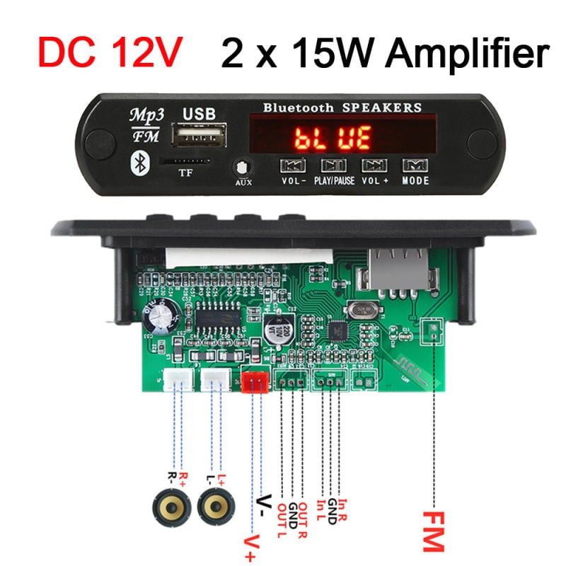 15W/2*25W Amplifier MP3 Player Bluetooth Decoder Board 12V Bluetooth 5.0 50W amplifier Car FM Radio Module Support TF USB AUX Black Item Size: 12*5*4 cm