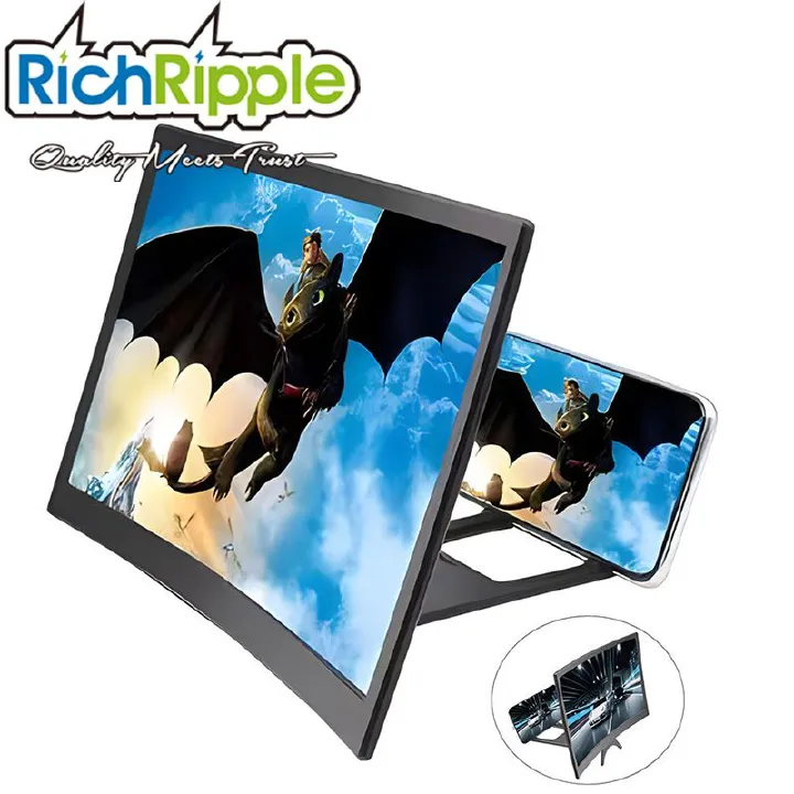 12inch Mobile Phone Curved Screen Amplifier HD 3D Video Mobile Phone Magnifying Glass Stand Bracket Phone Foldable Holder Black 12 inch