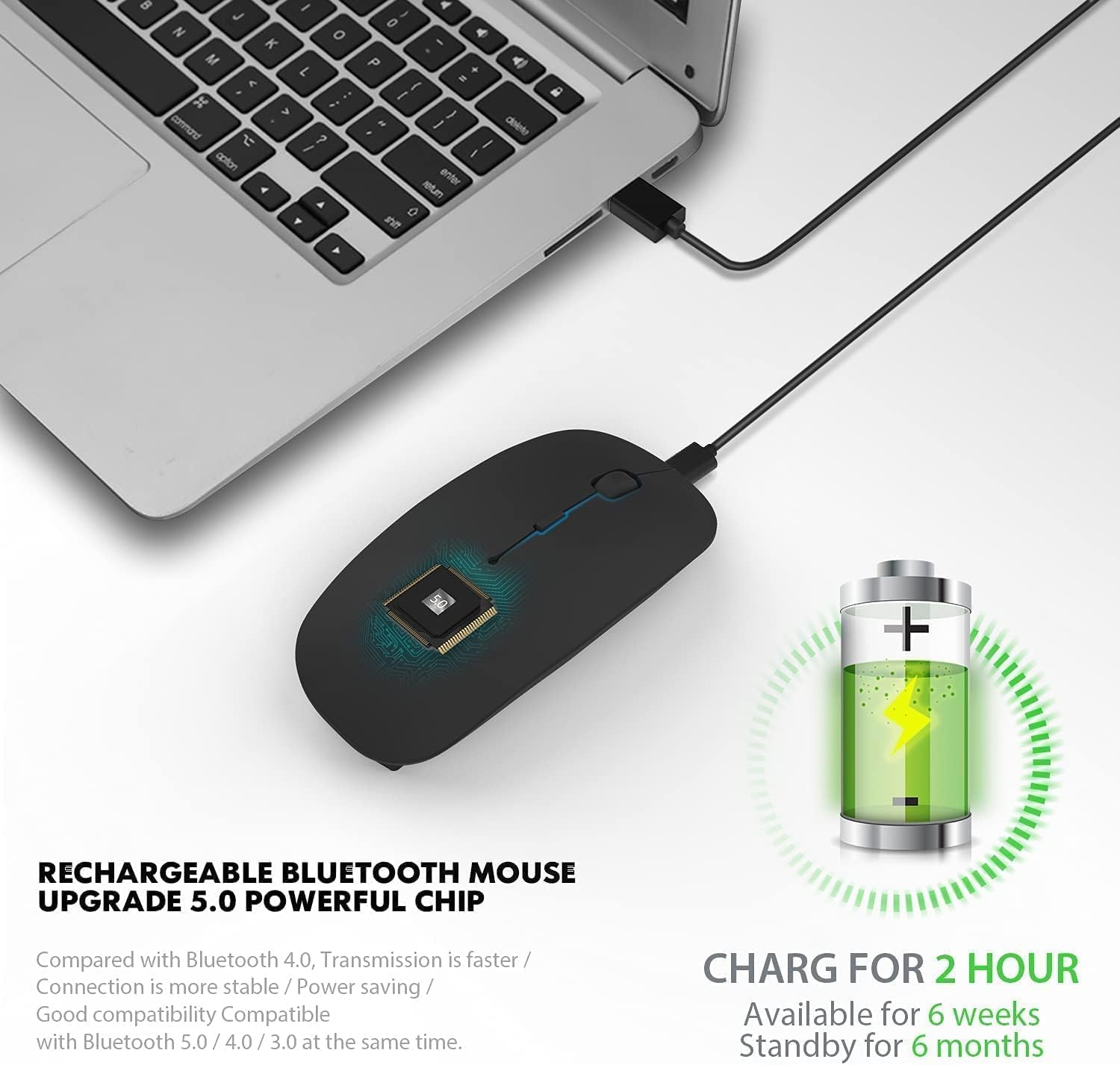 Bluetooth Mouse,Rechargeable Wireless Mouse for MacBook Pro/MacBook Air/Laptop/PC/Mac/iPad pro/Computer,Bluetooth 5.2 + 3.0 +2.4G USB Receiver black Bluetooth 5.2 dual-mode rechargeable sil