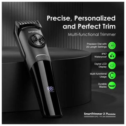 Original Oraimo Smart Trimmer 2 Rechargeable Hair Clipper Beard Shaver Grooming Tool with Stainless Steel Blades, Adjustable Guide Comb, Quiet Motor, USB Charging and Long-Lasting Battery Performance.