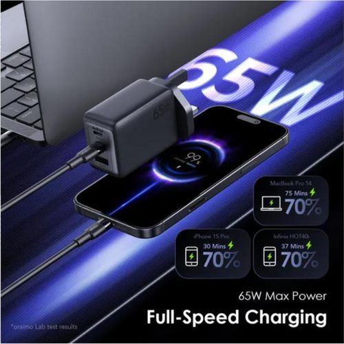 Oraimo HyperGaN 65 65W GaN Wall Charger Kit with 100W CC Cable with a Gan Tech Support Laptop Charging Intelligent Power Distribution & Anti-scratch Texture