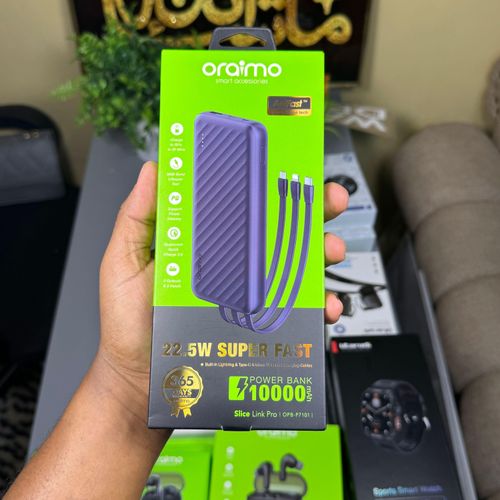 Oraimo Slice Link Pro 10000mAh 22.5W Powerbank with Charging cables - 10000mAh Capacity - 22.5W Fast Charging - Attached Cables: USB-C, Lightning, Micro USB - 5 Outputs / 2 Inputs - Type-C Output