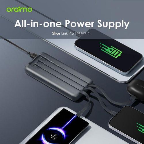 Oraimo Slice Link Pro 10000mAh 22.5W Powerbank with Charging cables - 10000mAh Capacity - 22.5W Fast Charging - Attached Cables: USB-C, Lightning, Micro USB - 5 Outputs / 2 Inputs - Type-C Output