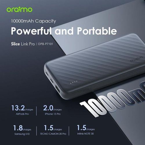 Oraimo Slice Link Pro 10000mAh 22.5W Powerbank with Charging cables - 10000mAh Capacity - 22.5W Fast Charging - Attached Cables: USB-C, Lightning, Micro USB - 5 Outputs / 2 Inputs - Type-C Output