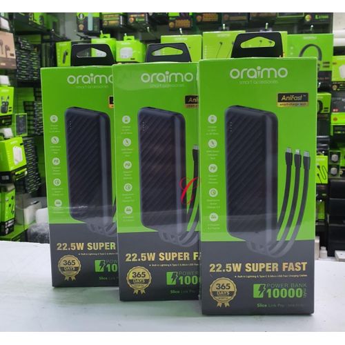 Oraimo Slice Link Pro 10000mAh 22.5W Powerbank with Charging cables - 10000mAh Capacity - 22.5W Fast Charging - Attached Cables: USB-C, Lightning, Micro USB - 5 Outputs / 2 Inputs - Type-C Output