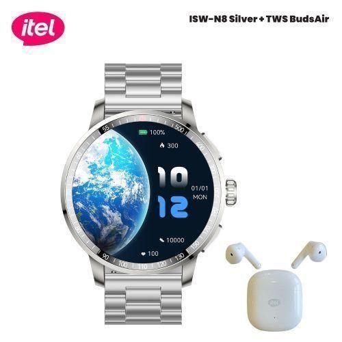 Itel Smart Watch Horizon-N8 Silver + TWS BudsAir 3.has a vibrant didsplay amoled.can withstand power for a long period of time upto 15 days standby.can manage calls and texts